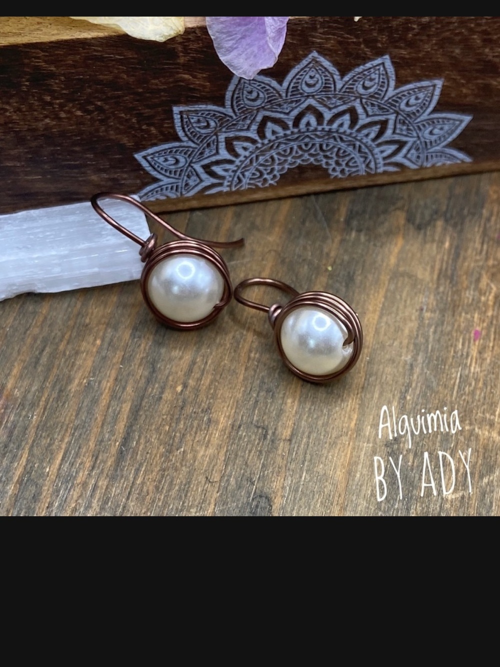 Brass Wire Wrapped Cream Pearl Drop Earrings